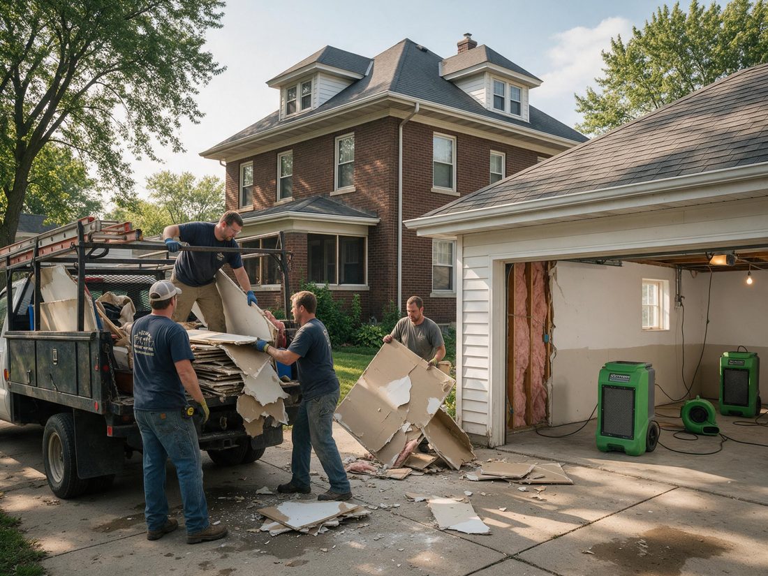 Workers loading torn-out drywall into a pickup truck outside an open garage with green drying equipment inside, at a brick house in Cedar Rapids, IA