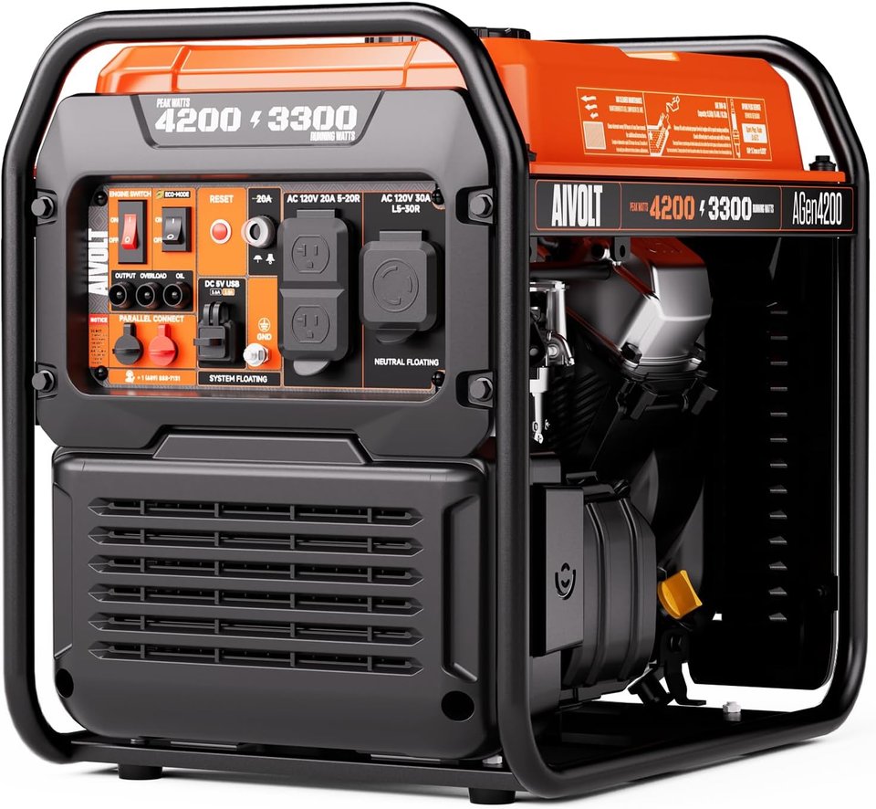 An orange and black AIVOLT open-frame inverter generator in a black tube frame, printed 4200 peak and 3300 running watts, with outlets and switches on the front panel, for storm prep in Cedar Rapids, IA