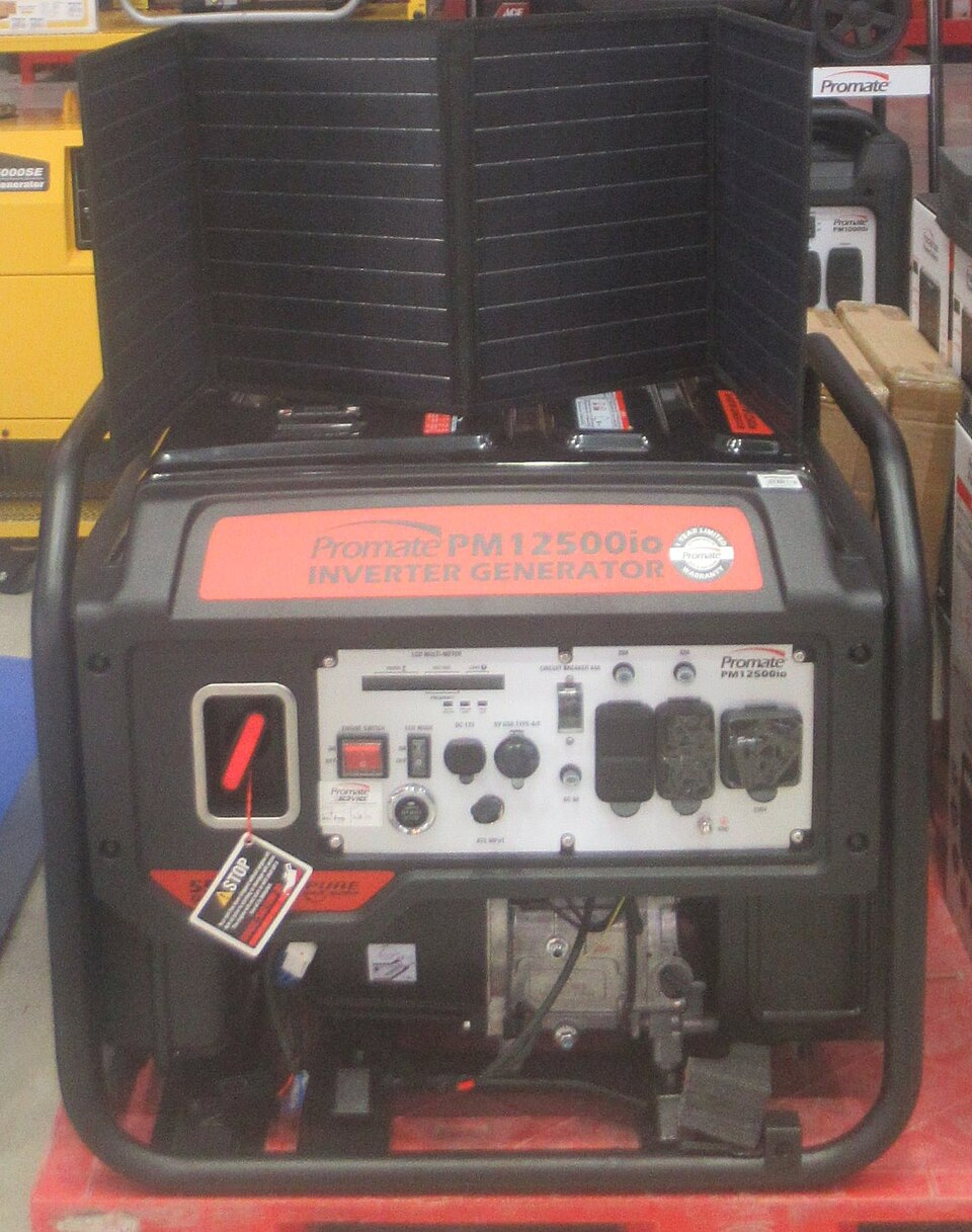 A red and black open-frame gasoline inverter generator inside a black tube frame, for storm prep in Cedar Rapids, IA